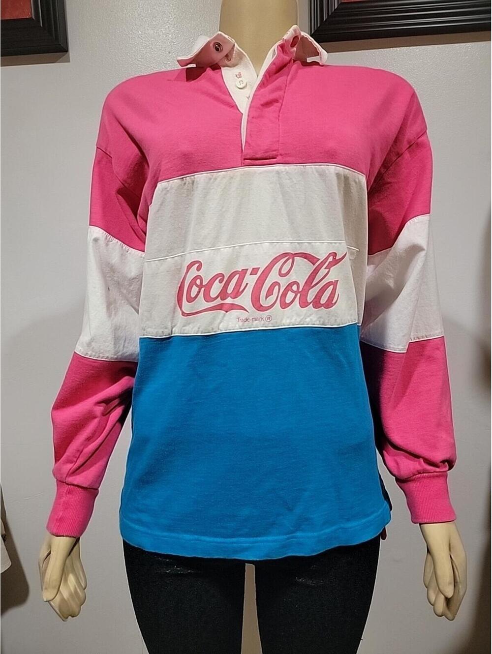 VTG 80s Coca Cola Rugby Shirt pink monoblock Size L Women's LS #C - Picture 11 of 12